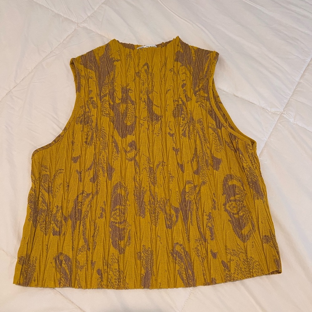 Zara Sleeveless Mustard Top with Brown Floral Motif